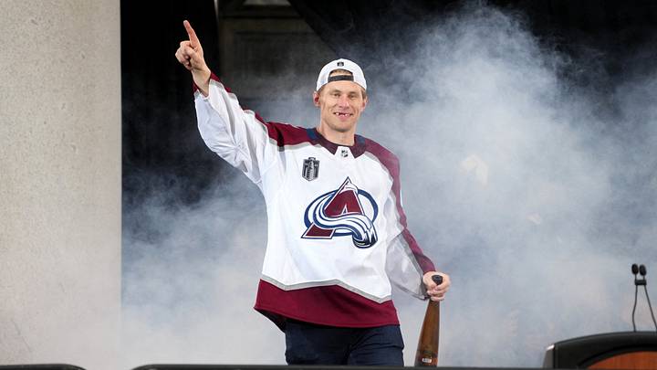 Jun 30, 2022; Denver, Colorado, USA; Colorado Avalanche defenseman Erik Johnson (6) during the Stanley Cup Championship Celebration. Mandatory Credit: Ron Chenoy-USA TODAY Sports Jun 30, 2022; Denver, Colorado, USA; Colorado Avalanche defenseman Erik Johnson (6) during the Stanley Cup Championship Celebration. Mandatory Credit: Ron Chenoy-USA TODAY Sports