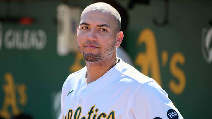 Sep 24, 2023; Oakland, California, USA; Oakland Athletics catcher Carlos Perez (44) stands in the dugout against the Detroit Tigers during the fourth inning at Oakland-Alameda County Coliseum