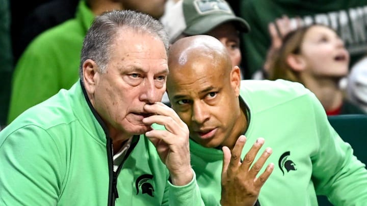 Michigan State assistant coach Mark Montgomery, right, talks with head coach Tom Izzo during the second half of the game against Rutgers on Sunday, Jan. 14, 2024, at the Breslin Center in East Lansing. Michigan State assistant coach Mark Montgomery, right, talks with head coach Tom Izzo during the second half of the game against Rutgers on Sunday, Jan. 14, 2024, at the Breslin Center in East Lansing.