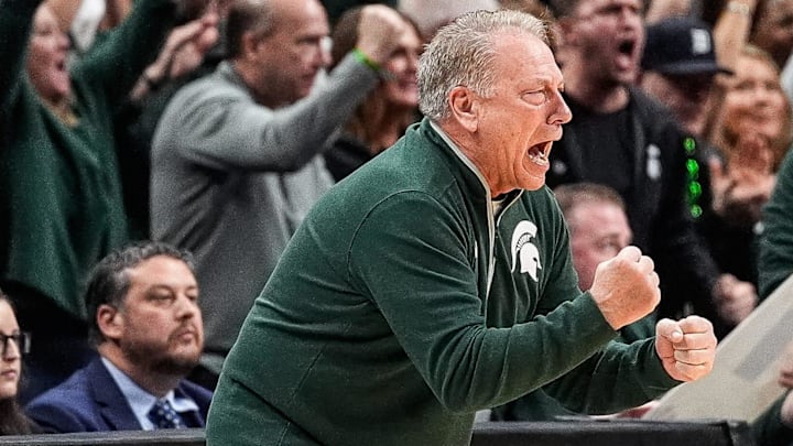 Michigan State head coach Tom Izzo celebrates a play against Auburn during the first half of the Elite Eight round of NCAA tournament at State Farm Arena in Atlanta, Ga. on Sunday, March 30, 2025.