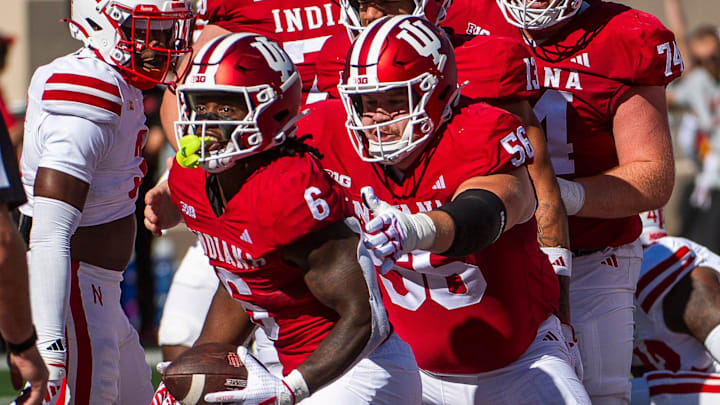 Indiana's Justice Ellison (6) scores a touchdown during the Indiana versus Nebraska football game at Memorial Stadium on Saturday, Oct. 19, 2024.