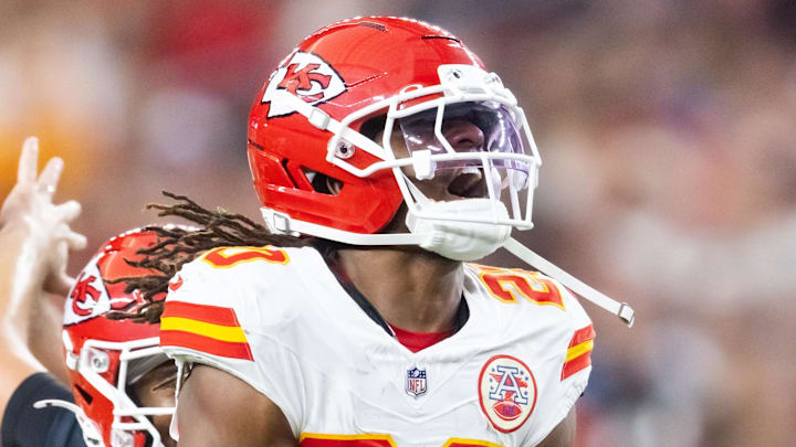 Aug 9, 2025; Glendale, Arizona, USA; Kansas City Chiefs cornerback Nohl Williams (20) celebrates a play against the Arizona Cardinals during a preseason NFL game at State Farm Stadium. Mandatory Credit: Mark J. Rebilas-Imagn Images