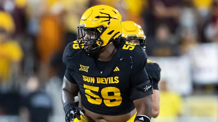 Oct 25, 2025; Tempe, Arizona, USA; Arizona State Sun Devils offensive lineman Max Iheanachor (58) against the Houston Cougars at Mountain America Stadium. Mandatory Credit: Mark J. Rebilas-Imagn Images
