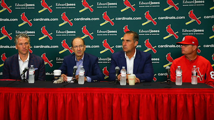 St Louis Cardinals staples Mike Girsch, Bill DeWitt Jr., John Mozeliak, and Mike Schildt address the media.