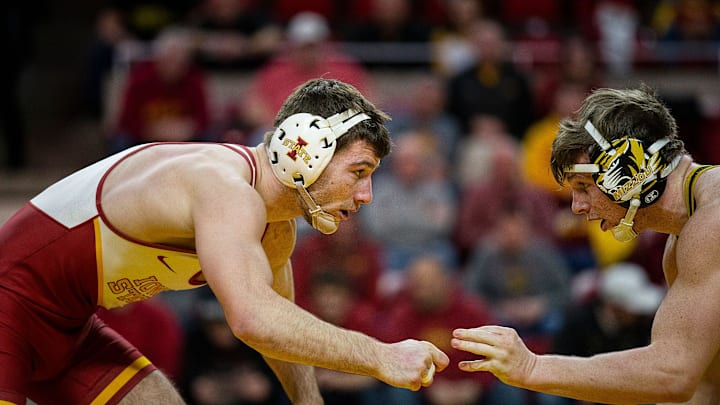 Iowa State's Chase Straw wrestles Missouri's Jarrett Jacques at 157 during the Cyclone's last dual of the season on Sunday, Feb. 24, 2019, in Hilton Coliseum. 