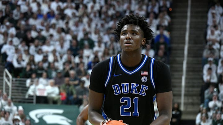 Dec 6, 2025; East Lansing, Michigan, USA;  Duke Blue Devils center Patrick Ngongba (21) during the first half against the Michigan State Spartans.