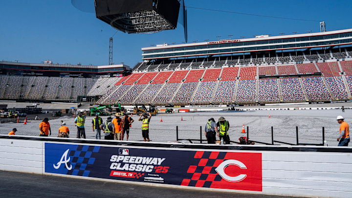 Construction of the baseball field in progress during a media event at Bristol Motor Speedway on June 24, 2025, ahead of the MLB Speedway Classic game between the Atlanta Braves and the Cincinnati Reds held at the racetrack.