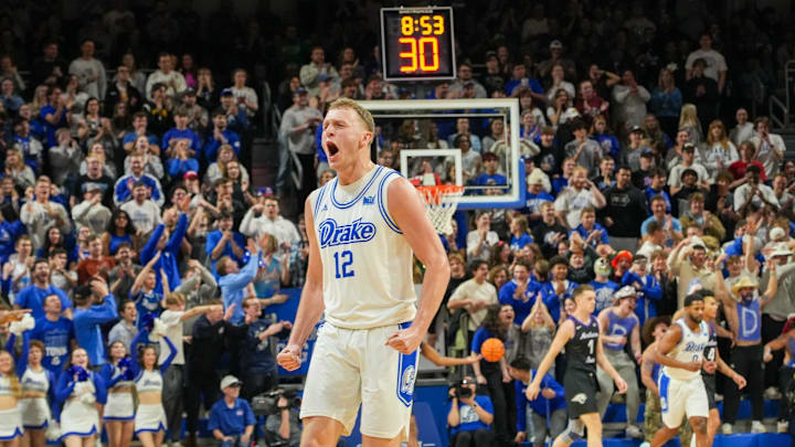Drake's Tucker DeVries shouts in celebration on Saturday, Jan. 27, 2024, at The Knapp Center in Des