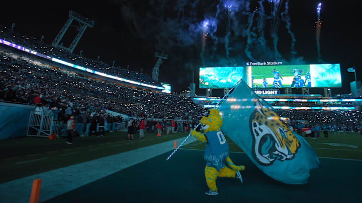 Jaxson de Ville runs through the north end zone during the player introductions before the start of Sunday night's game. The Jacksonville Jaguars hosted the Baltimore Ravens at EverBank Stadium in Jacksonville, Florida Sunday Night, December 17, 2023. The Jaguars trailed 10 to 0 at the half. 