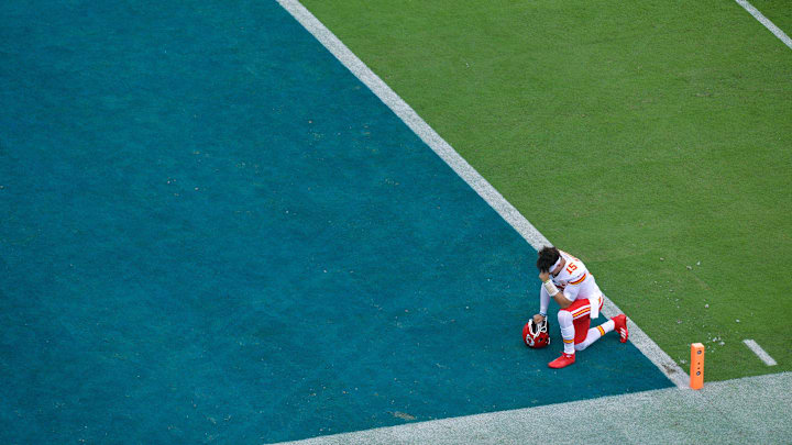 Kansas City Chiefs quarterback Patrick Mahomes (15) takes a knee in the corner of the South end zone before the start of Sunday's game against the Jaguars. The Jacksonville Jaguars hosted the Kansas City Chiefs at EverBank Stadium in Jacksonville, FL Sunday, September 17, 2023.