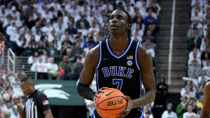 Dec 6, 2025; East Lansing, Michigan, USA; Duke Blue Devils guard Dame Sarr (7) during the first half against the Michigan State Spartans at Jack Breslin Student Events Center. Mandatory Credit: Dale Young-Imagn Images Dec 6, 2025; East Lansing, Michigan, USA; Duke Blue Devils guard Dame Sarr (7) during the first half against the Michigan State Spartans at Jack Breslin Student Events Center. Mandatory Credit: Dale Young-Imagn Images
