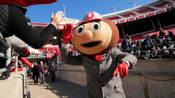 Ohio State Buckeyes mascot Brutus arrives prior to the NCAA football game against the Michigan Wolverines at Ohio Stadium in Columbus on Saturday, Nov. 30, 2024. Ohio State Buckeyes mascot Brutus arrives prior to the NCAA football game against the Michigan Wolverines at Ohio Stadium in Columbus on Saturday, Nov. 30, 2024.