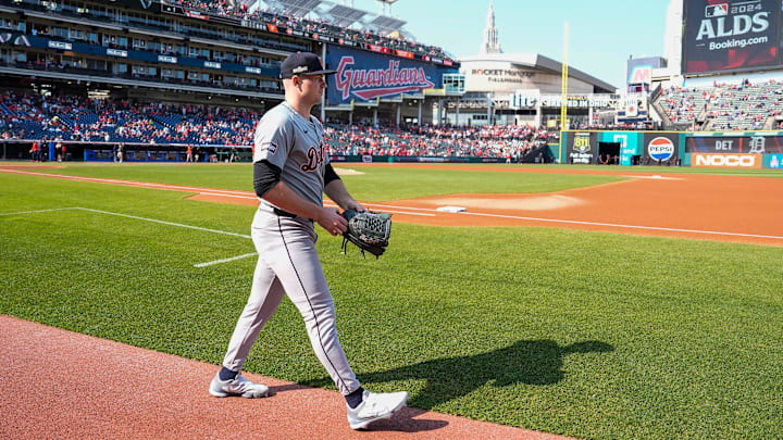 Detroit Tigers pitcher Tarik Skubal (29) takes the field for warm up at Game 5 of ALDS against Cleveland Guardians at Progressive Field in Cleveland, Ohio on Saturday, Oct. 12, 2024.