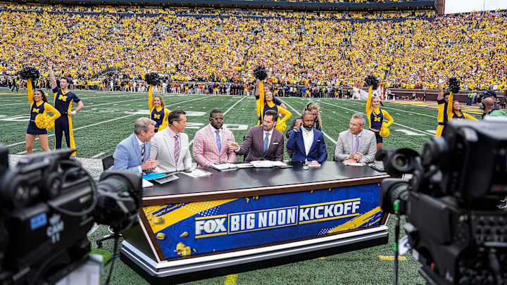 Sep 7, 2024; Ann Arbor, Michigan, USA; Fox Big Noon broadcast on the field before kickoff between Michigan and Texas at Michigan Stadium. Mandatory Credit: Junfu Han-USA TODAY Network via Imagn Images