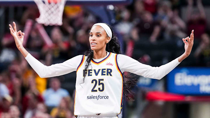 Indiana Fever forward DeWanna Bonner (25) celebrates a 3-pointer Tuesday, June 3, 2025, during a game between the Indiana Fever and the Washington Mystics at Gainbridge Fieldhouse in Indianapolis.