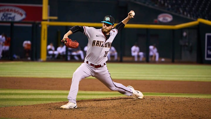 Oct 15, 2022; Phoenix, AZ, USA; Salt River Rafter pitcher Kyle Backhus pitches against the Surprise Saguaros at Chase Field.

Mlb Dbacks Fall League Prospects