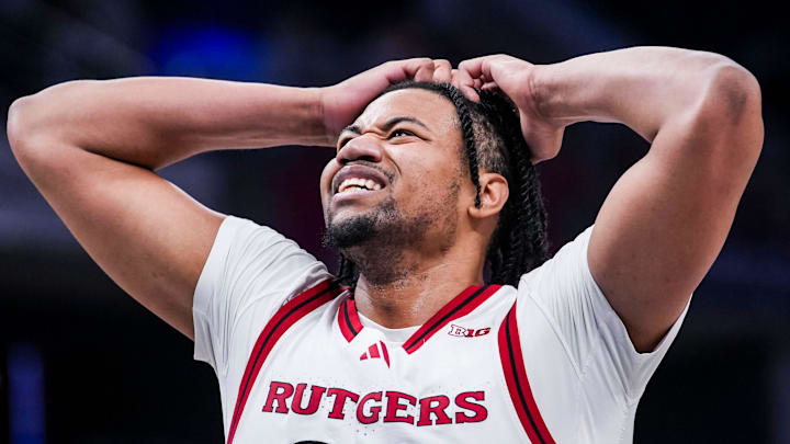 Lathan Sommerville of Rutgers reacts to a play in the Big Ten Tournament against USC.