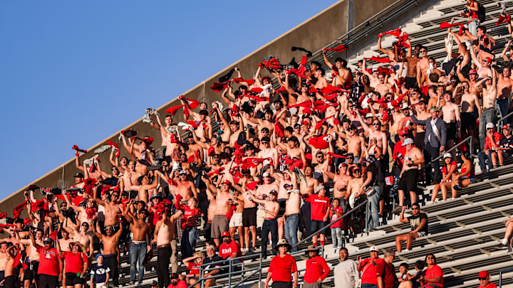 Nov 8, 2025; Tucson, Arizona, USA; Arizona Wildcats fans wave their shirts around at the top of the Arizona Stadium during the fourth quarter of the game against the Kansas Jayhawks. Mandatory Credit: Aryanna Frank-Imagn Images