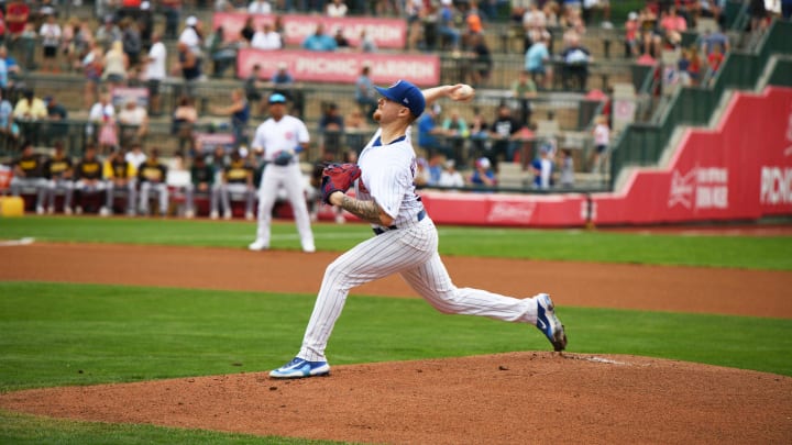 Cade Horton makes a practice pitch before the South Bend Cubs vs. Fort Qayne TinCaps Cade Horton makes a practice pitch before the South Bend Cubs vs. Fort Qayne TinCaps