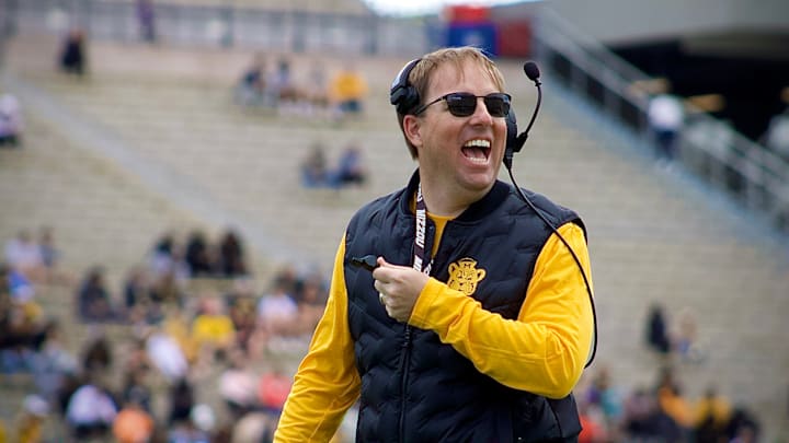 Missouri Tigers coach Eli Drinkwitz reacts toward his team's sideline during Missouri's annual Black & Gold Spring Game. Missouri Tigers coach Eli Drinkwitz reacts toward his team's sideline during Missouri's annual Black & Gold Spring Game.