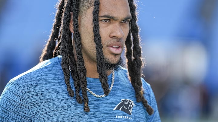 Dec 1, 2024; Charlotte, North Carolina, USA; Carolina Panthers running back Jonathon Brooks (24) during pregame warmups against the Tampa Bay Buccaneers at Bank of America Stadium.