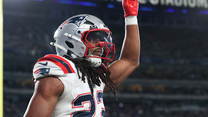 Aug 21, 2025; East Rutherford, New Jersey, USA; New England Patriots safety Kyle Dugger (23) reacts after intercepting a pass during the first half against the New York Giants at MetLife Stadium.