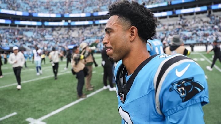 Oct 12, 2025; Charlotte, North Carolina, USA; Carolina Panthers quarterback Bryce Young (9) looks on after the game against the Dallas Cowboys at Bank of America Stadium. Oct 12, 2025; Charlotte, North Carolina, USA; Carolina Panthers quarterback Bryce Young (9) looks on after the game against the Dallas Cowboys at Bank of America Stadium.