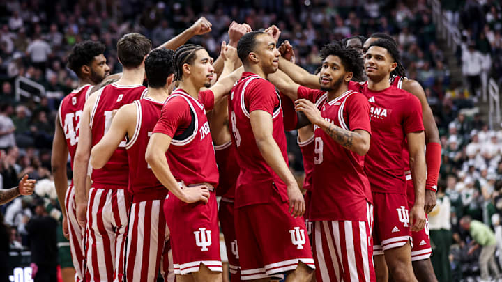 Indiana huddles up during Tuesday's game against Michigan State at the Breslin Center. Indiana huddles up during Tuesday's game against Michigan State at the Breslin Center.