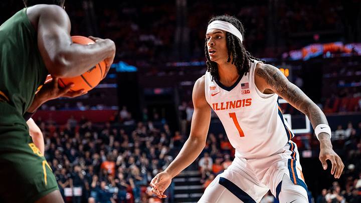 Illinois guard Lincoln Williams (1) digs in against a Baylor ball-handler in the Illini's 95-91 exhibition loss to the Bears on Friday, Oct. 23, at the State Farm Center in Champaign, Illinois. Illinois guard Lincoln Williams (1) digs in against a Baylor ball-handler in the Illini's 95-91 exhibition loss to the Bears on Friday, Oct. 23, at the State Farm Center in Champaign, Illinois.