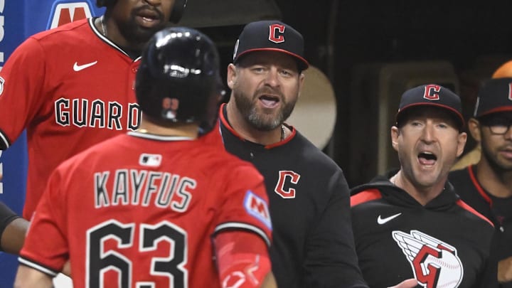 Sep 11, 2025; Cleveland, Ohio, USA; Cleveland Guardians right fielder CJ Kayfus (63) is greeted by manager Stephen Vogt (12) after hitting a two-run home run in the eighth inning against the Kansas City Royals at Progressive Field. Mandatory Credit: David Richard-Imagn Images Sep 11, 2025; Cleveland, Ohio, USA; Cleveland Guardians right fielder CJ Kayfus (63) is greeted by manager Stephen Vogt (12) after hitting a two-run home run in the eighth inning against the Kansas City Royals at Progressive Field. Mandatory Credit: David Richard-Imagn Images