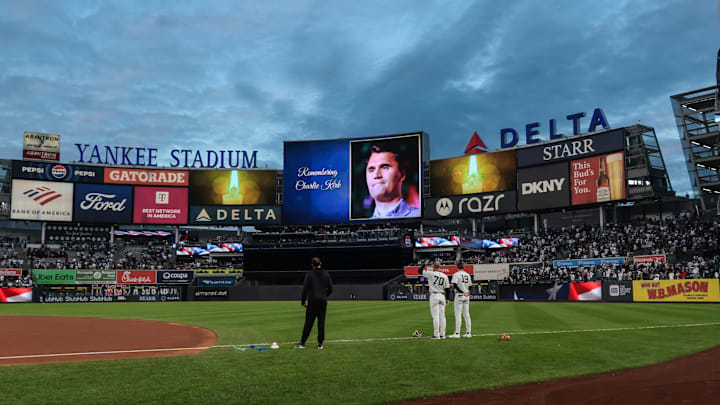 Sep 10, 2025; Bronx, New York, USA; A general view of the main scoreboard at Yankee Stadium during a moment of silence for Charlie Kirk before the game between the New York Yankees and the Detroit Tigers. Mandatory Credit: Vincent Carchietta-Imagn Images