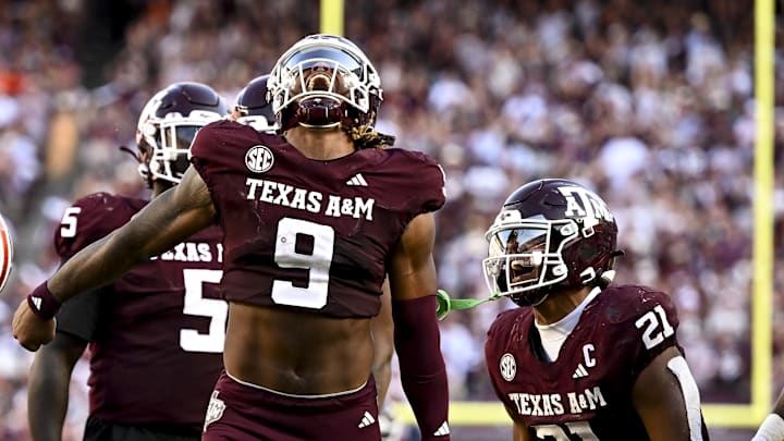 Sep 27, 2025; College Station, Texas, USA; Texas A&M Aggies defensive end Cashius Howell (9) reacts after a sack during the fourth quarter against the Auburn Tigers at Kyle Field. Mandatory Credit: Maria Lysaker-Imagn Images