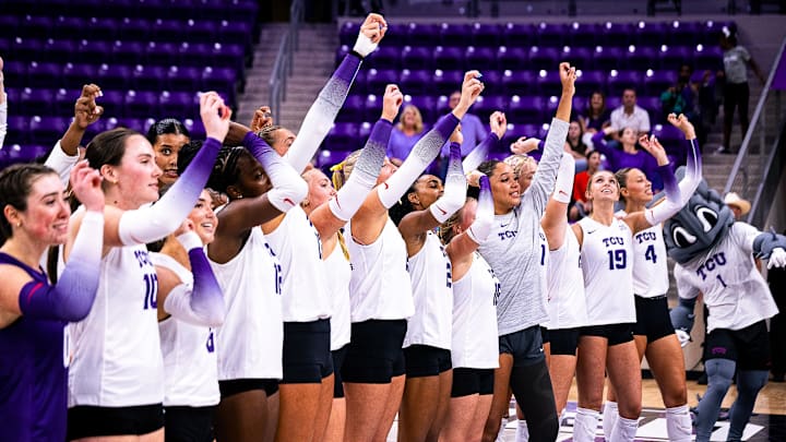 Sept. 10, 2025: TCU Volleyball players celebrate a win over No. 8 Texas A&M.
