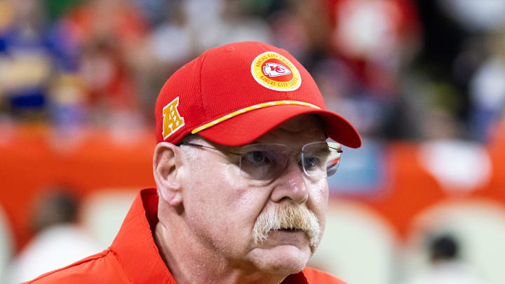 Feb 9, 2025; New Orleans, LA, USA;  Kansas City Chiefs head coach Andy Reid against the Philadelphia Eagles in Super Bowl LIX at Ceasars Superdome. Mandatory Credit: Mark J. Rebilas-Imagn Images