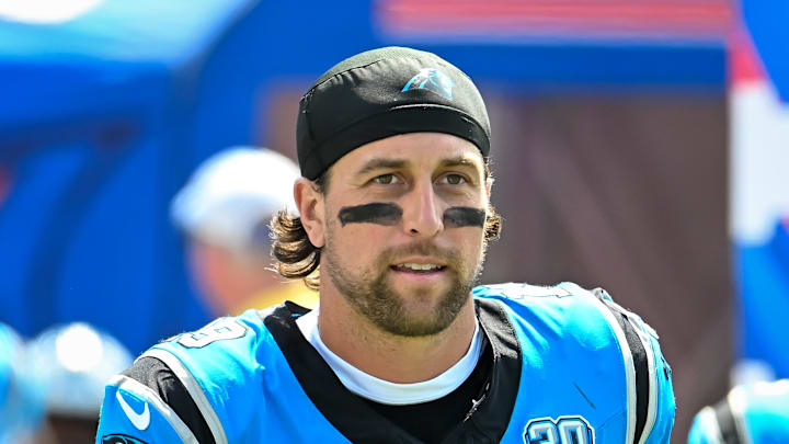 Aug 24, 2024; Orchard Park, New York, USA; Carolina Panthers wide receiver Adam Thielen (19) enters the field before a pre-season game against the Buffalo Bills at Highmark Stadium. Mandatory Credit: Mark Konezny-Imagn Images
