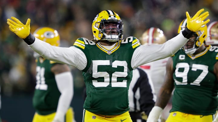 Green Bay Packers outside linebacker Rashan Gary (52) celebrates a fumble against the San Francisco