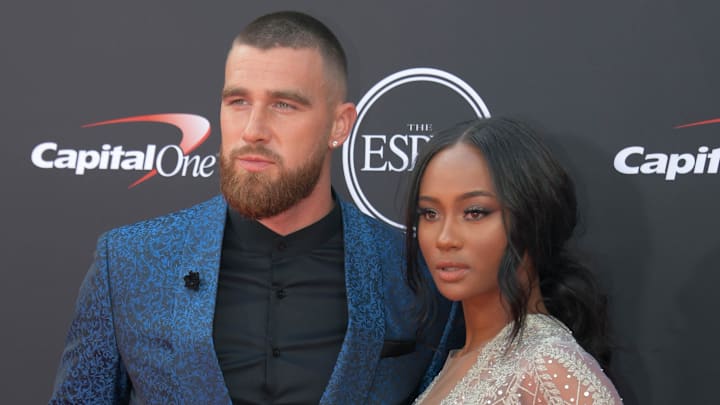 Jul 18, 2018: Kansas City Chiefs tight end Travis Kelce and Kayla Nicole arrive for the 2018 ESPYS at Microsoft Theatre. 