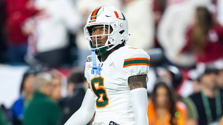 Jan 19, 2026; Miami Gardens, FL, USA; Miami Hurricanes defensive back Xavier Lucas (6) against the Indiana Hoosiers during the College Football Playoff National Championship game at Hard Rock Stadium. Mandatory Credit: Mark J. Rebilas-Imagn Images