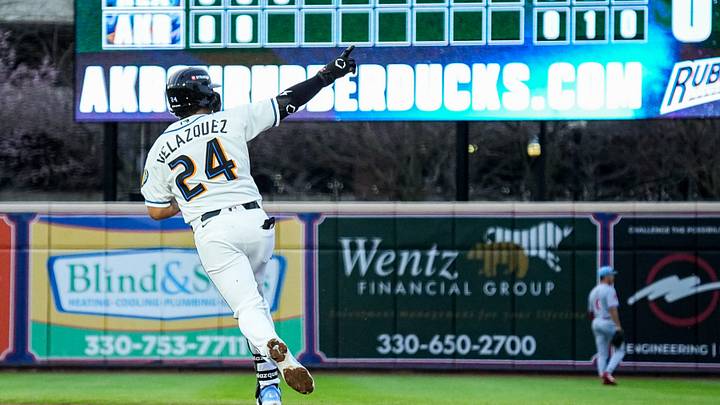 Akron RubberDucks infielder Ralphy Velazquez gestures after hitting a solo home run during the home opener against Reading, April 2, 2026. Akron RubberDucks infielder Ralphy Velazquez gestures after hitting a solo home run during the home opener against Reading, April 2, 2026.