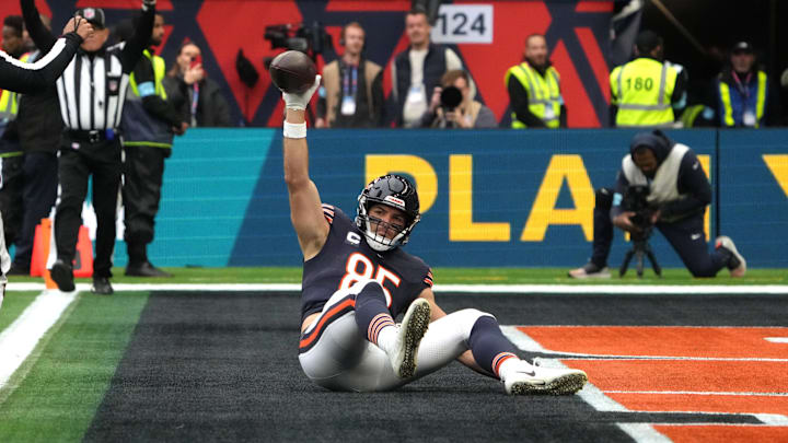 Chicago Bears tight end Cole Kmet celebrates after scoring on a 31-yard touchdown reception against Jacksonville in London.