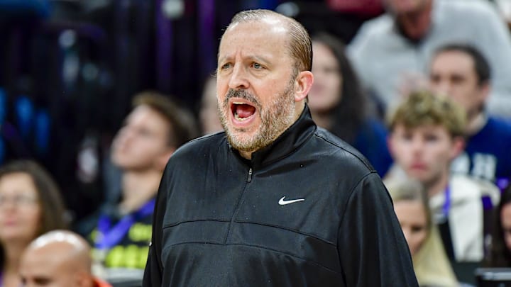 Nov 23, 2024; Salt Lake City, Utah, USA; New York Knicks head coach Tom Thibodeau calls a play angst the Utah Jazz during the first half at the Delta Center. Mandatory Credit: Christopher Creveling-Imagn Images