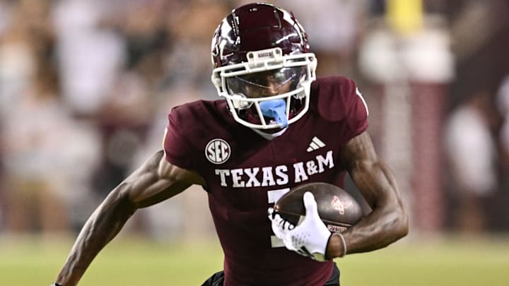 Sep 2, 2023; College Station, Texas, USA; Texas A&M Aggies wide receiver Evan Stewart (1) runs