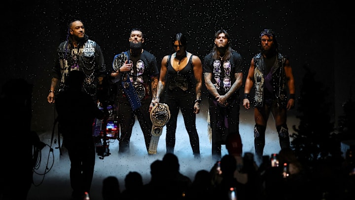 Members of the The Judgment Day enter the arena at \"WWE Monday Night Raw\" at Wells Fargo Arena in