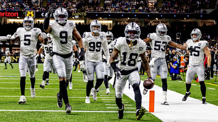 Dec 29, 2024; New Orleans, Louisiana, USA; Las Vegas Raiders cornerback Jack Jones (18) reacts to intercepting a play from New Orleans Saints quarterback Spencer Rattler (18) during the second half at Caesars Superdome. Mandatory Credit: Stephen Lew-Imagn Images Dec 29, 2024; New Orleans, Louisiana, USA; Las Vegas Raiders cornerback Jack Jones (18) reacts to intercepting a play from New Orleans Saints quarterback Spencer Rattler (18) during the second half at Caesars Superdome. Mandatory Credit: Stephen Lew-Imagn Images