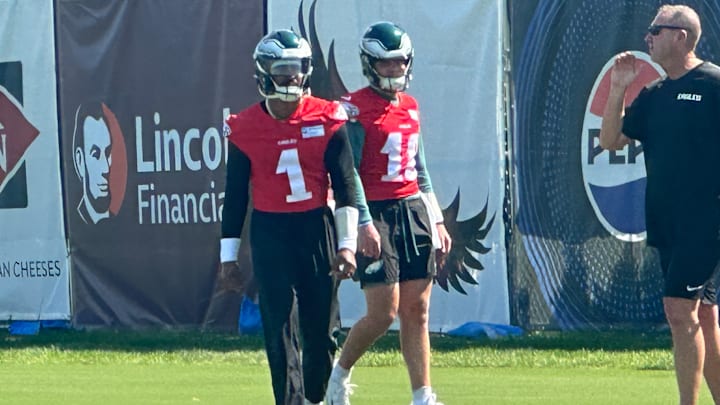 Quarterback Jalen Hurts drills during Day 1 of Eagles training camp. Quarterback Jalen Hurts drills during Day 1 of Eagles training camp.