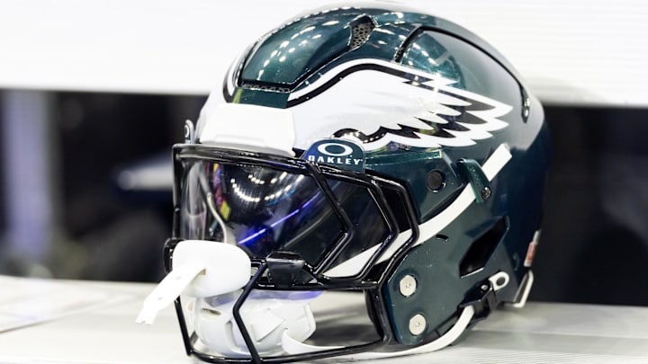 Feb 9, 2025; New Orleans, LA, USA; Detailed view of a Philadelphia Eagles helmet during Super Bowl LIX at Ceasars Superdome. Mandatory Credit: Mark J. Rebilas-Imagn Images
