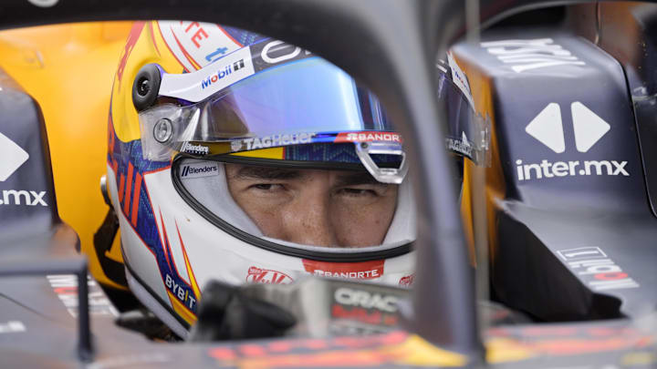 Jun 8, 2024; Montreal, Quebec, CAN; Red Bull Racing driver Sergio Perez (MEX) in the pit lane at Circuit Gilles Villeneuve. Mandatory Credit: Eric Bolte-Imagn Images