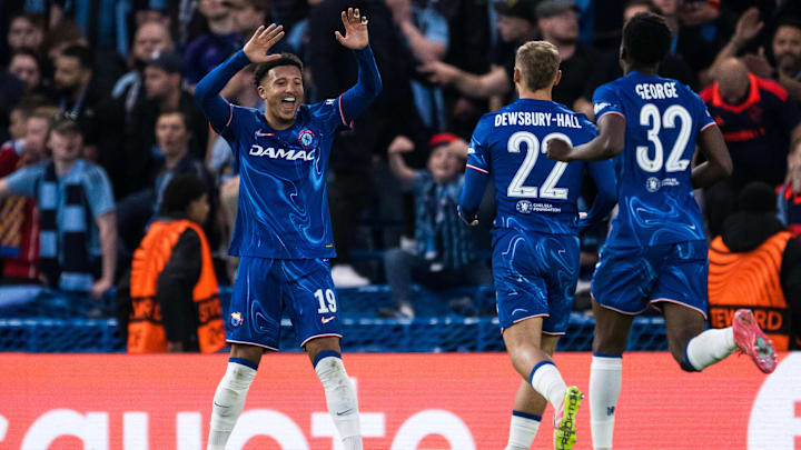 Kiernan Dewsbury-Hall of Chelsea celebrates with Jadon Sancho after 1-0 during the UEFA Conference League semi final second leg match between Chelsea and Djurgarden on May 8, 2025 in London.