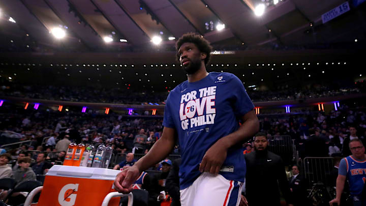 Apr 30, 2024; New York, New York, USA; Philadelphia 76ers center Joel Embiid (21) takes the court