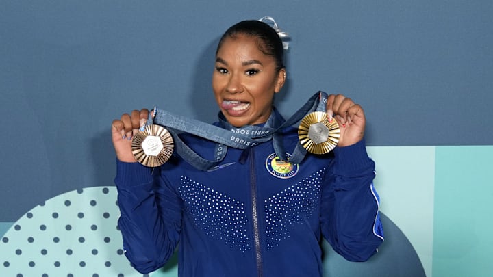 Jordan Chiles poses for a photo with her gold and bronze medals at the Paris 2024 Olympics. Jordan Chiles poses for a photo with her gold and bronze medals at the Paris 2024 Olympics.